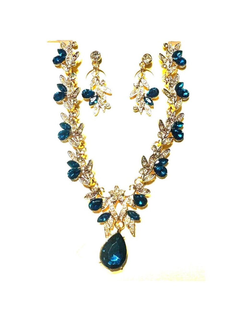 Dark Teal Necklace & Earrings Set With Teardrop Crystals Gold Tone